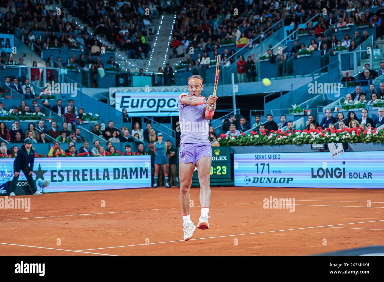 Usera, Spain. 27th Apr, 2024. Rafael Nadal of Spain plays against Alex de Minaur of Australia (not pictured) on Day Six of the Mutua Madrid Open 2024 tournament at La Caja Magica. Credit: SOPA Images Limited/Alamy Live News Stock Photo