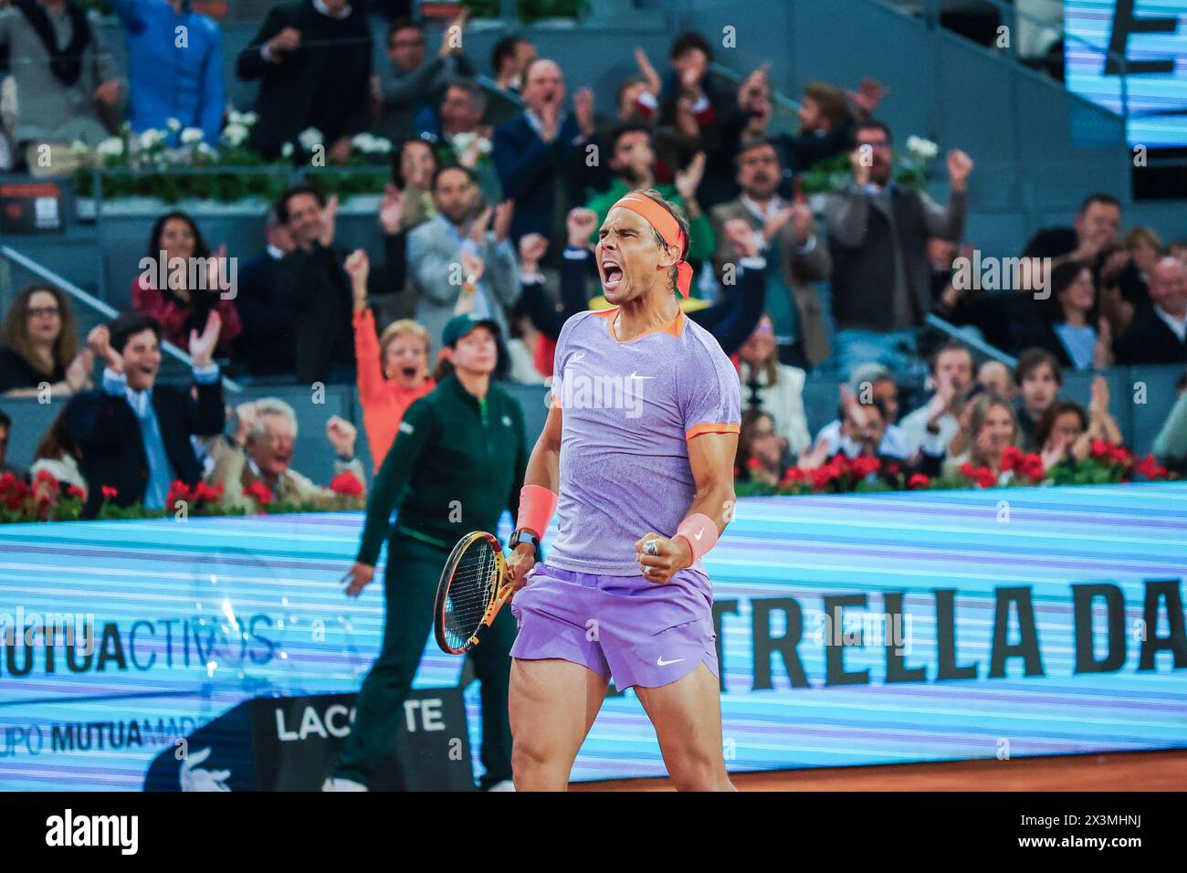 Usera, Spain. 27th Apr, 2024. Rafael Nadal of Spain plays against Alex de Minaur of Australia (not pictured) on Day Six of the Mutua Madrid Open 2024 tournament at La Caja Magica. Credit: SOPA Images Limited/Alamy Live News Stock Photo