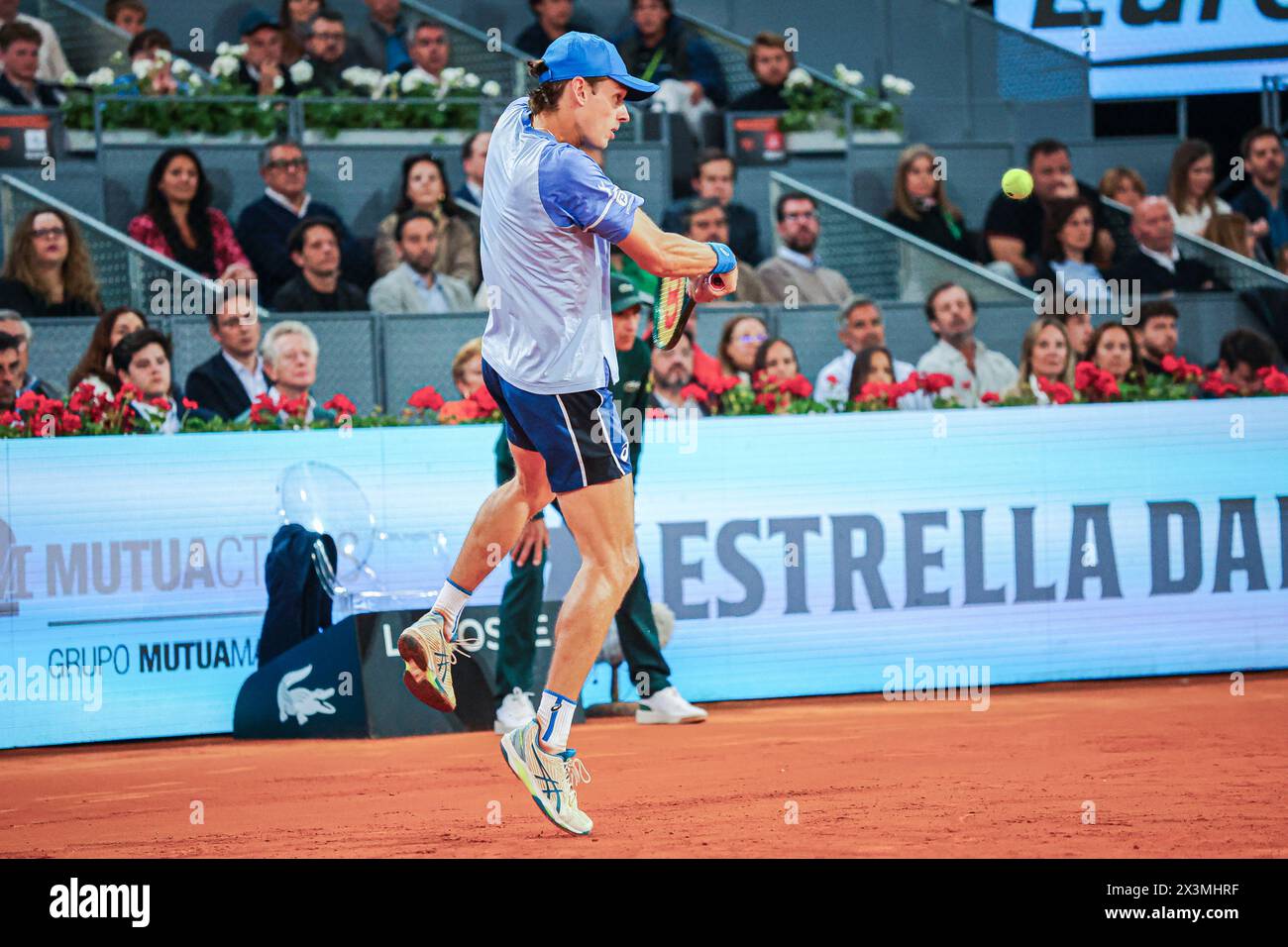 Usera, Spain. 27th Apr, 2024. Alex de Minaur of Australia plays against Rafael Nadal of Spain (not pictured) on Day Six of the Mutua Madrid Open 2024 tournament at La Caja Magica. Credit: SOPA Images Limited/Alamy Live News Stock Photo