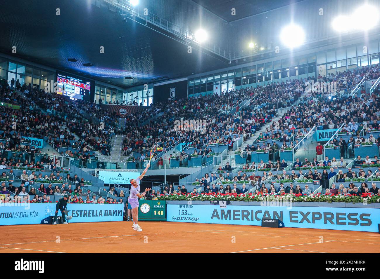 Usera, Spain. 27th Apr, 2024. Rafael Nadal of Spain plays against Alex de Minaur of Australia (not pictured) on Day Six of the Mutua Madrid Open 2024 tournament at La Caja Magica. Credit: SOPA Images Limited/Alamy Live News Stock Photo