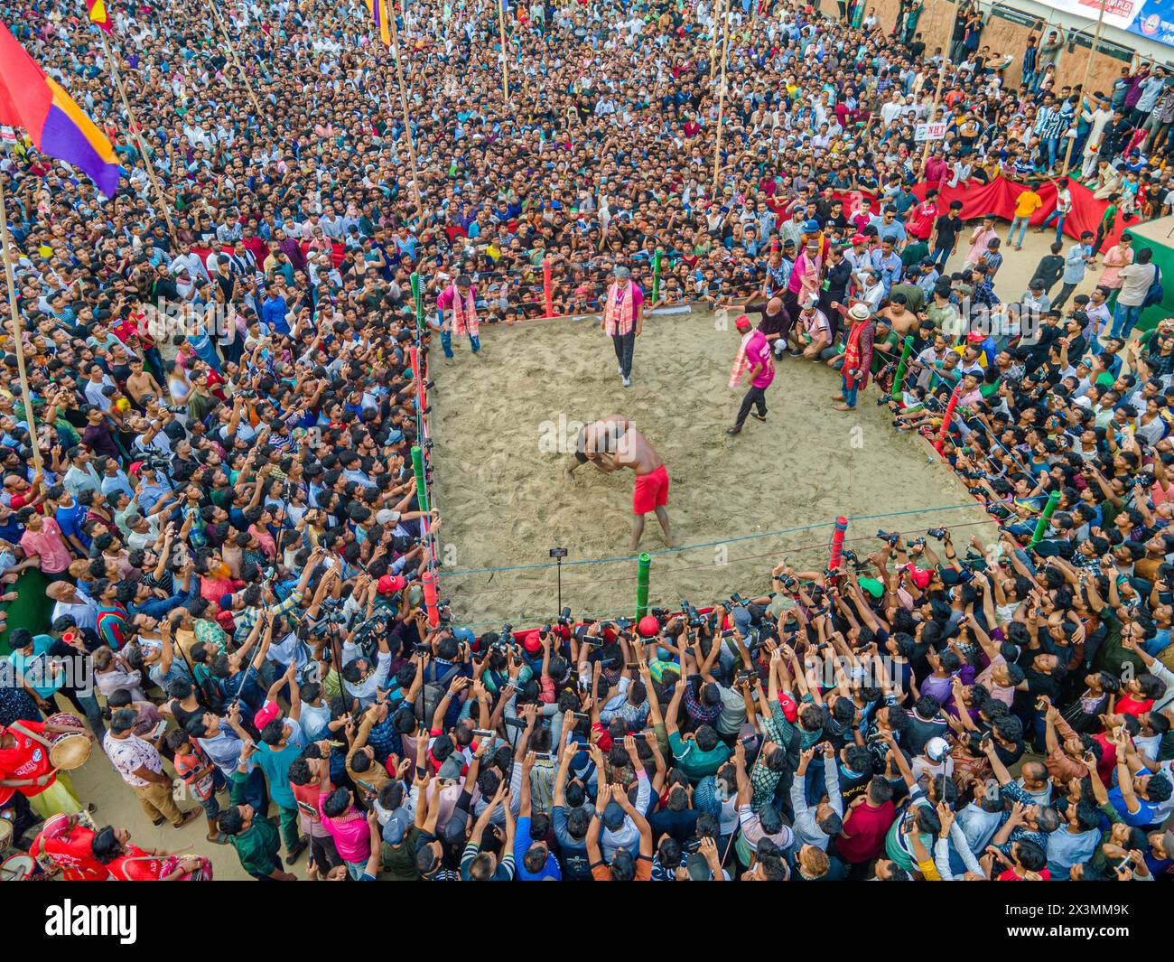 Traditional Jobbarer Boli Khela (wrestling competition) at Laldighi, Chittagong.  Folk culture of Bangladesh. Stock Photo