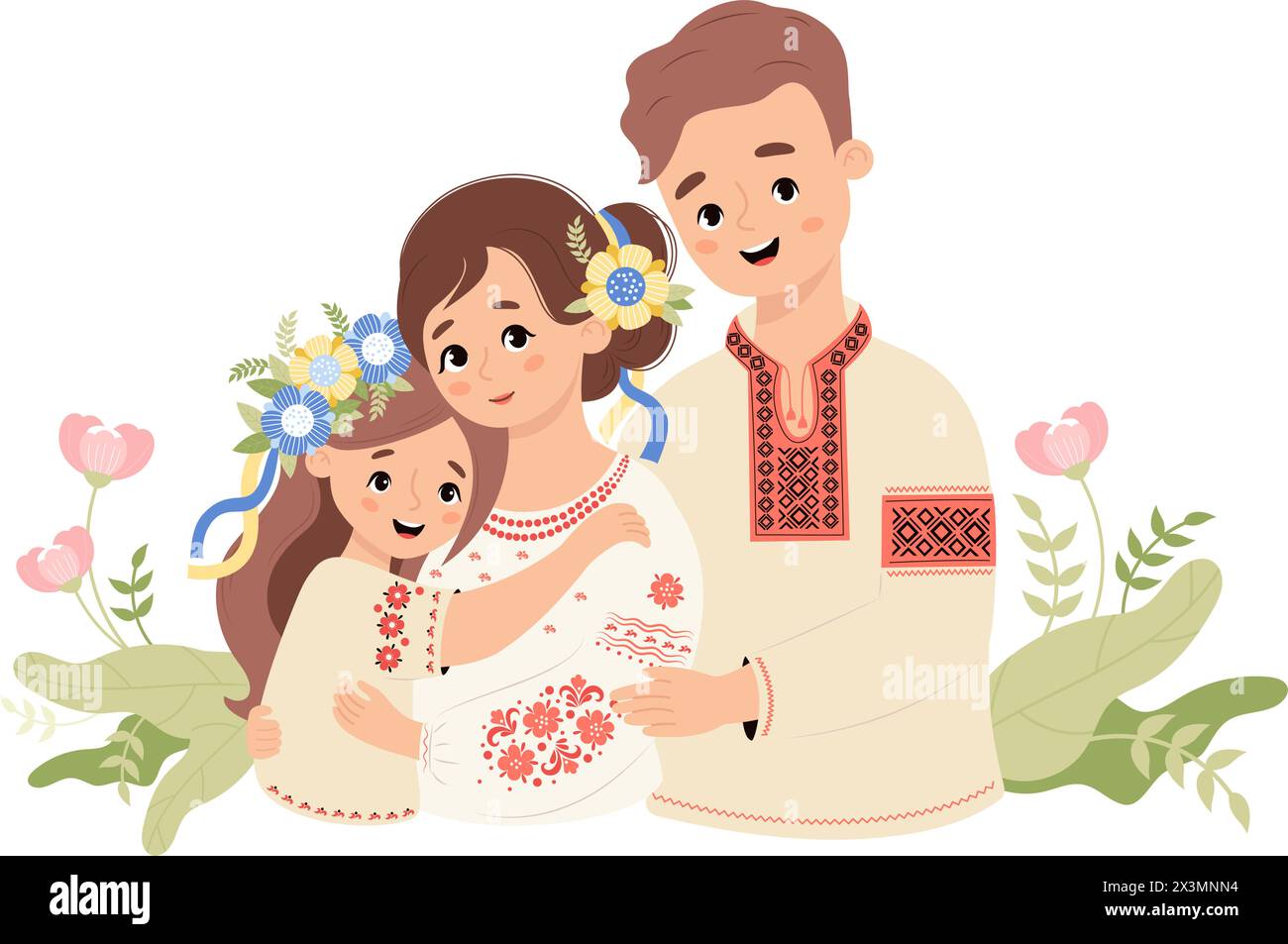 Happy Ukrainian family. Cute father, mother and daughter with floral wreath with yellow-blue ribbons in traditional clothes embroidered shirt. Vector Stock Vector