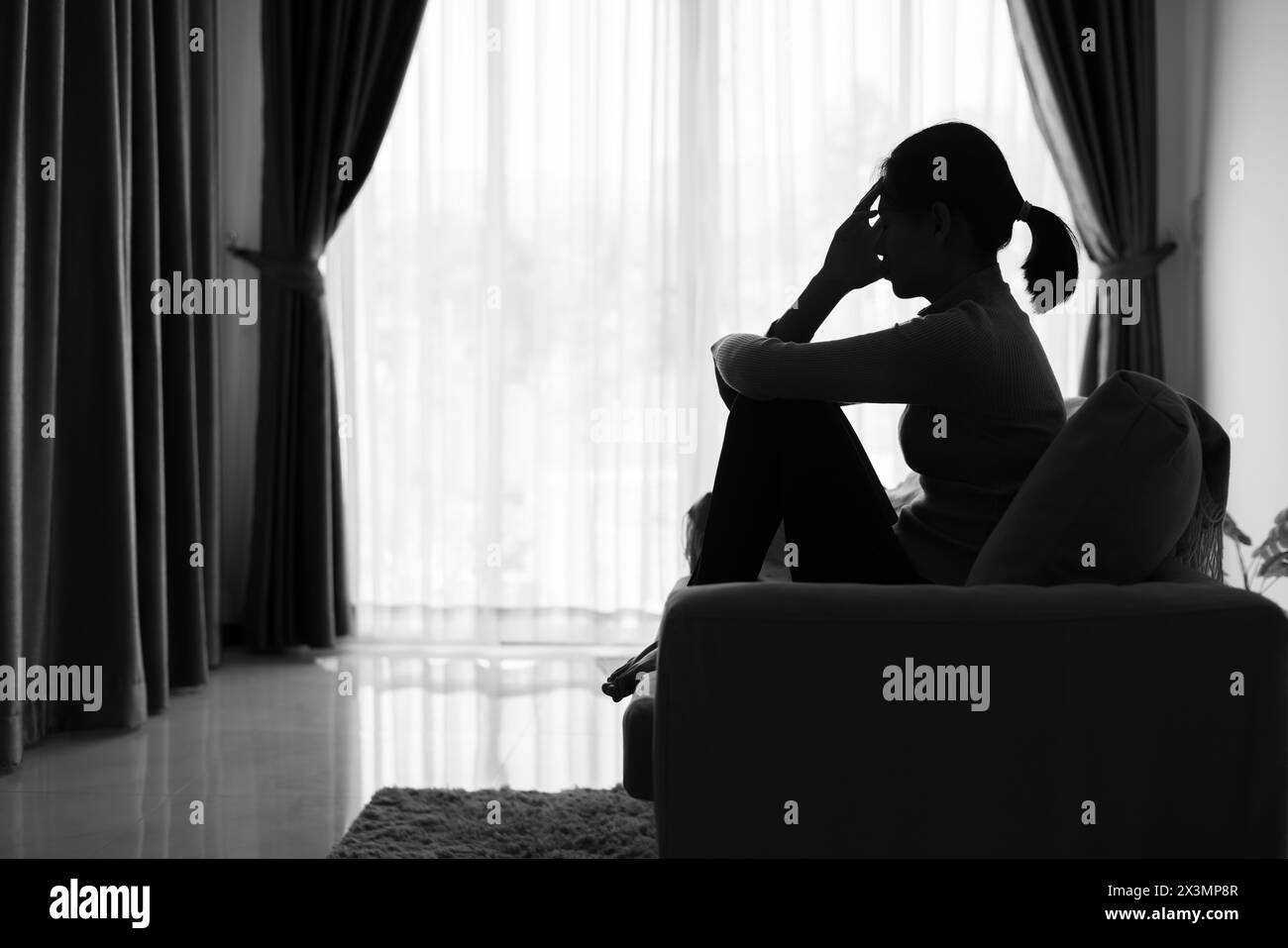 Depressed woman, Silhouette of teenager girl with depression sitting ...