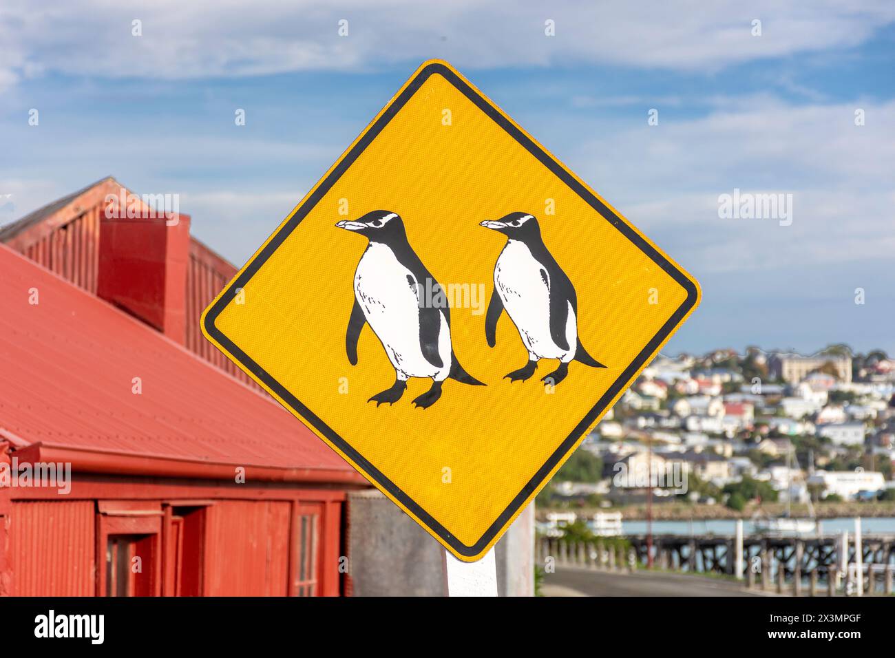 Penguins crossing sign at Oamaru Blue Penguin Colony, Waterfront Road, Oamaru, Otago, South Island, New Zealand Stock Photo