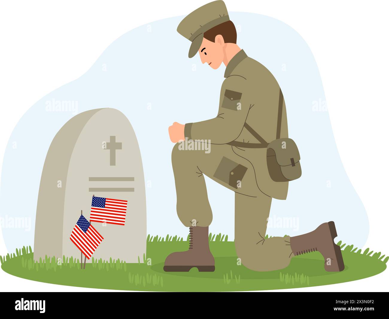 Military soldier on one knee in front of grave with American flags ...