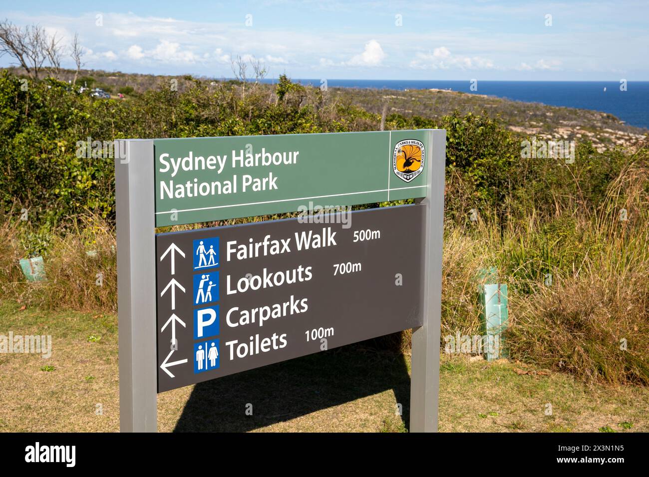 Sydney Harbour national park sign on North Head Manly with directions to Fairfax track walk and lookouts,Sydney,NSW,Australia Stock Photo