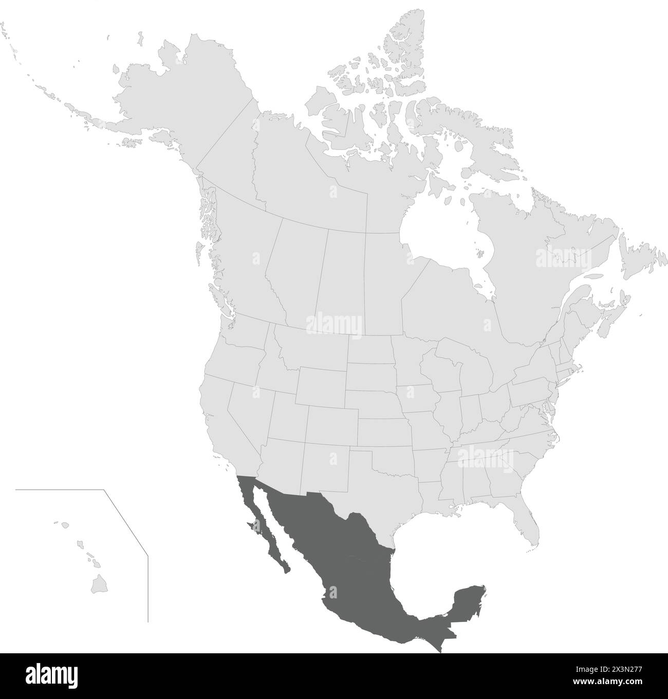 Dark grey map of MEXICO inside light grey map of the North American continent Stock Vector