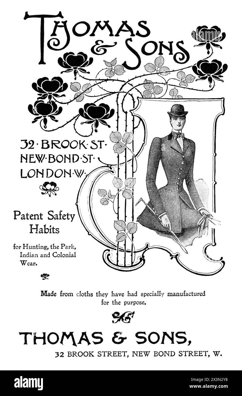 1987 British fashion advertisement for Thomas & Sons riding habits for women. Stock Photo