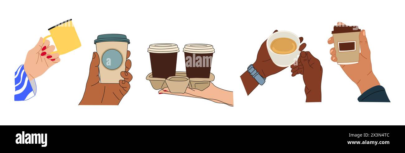 Different hands holding cups, mugs with coffee Stock Vector Image & Art ...