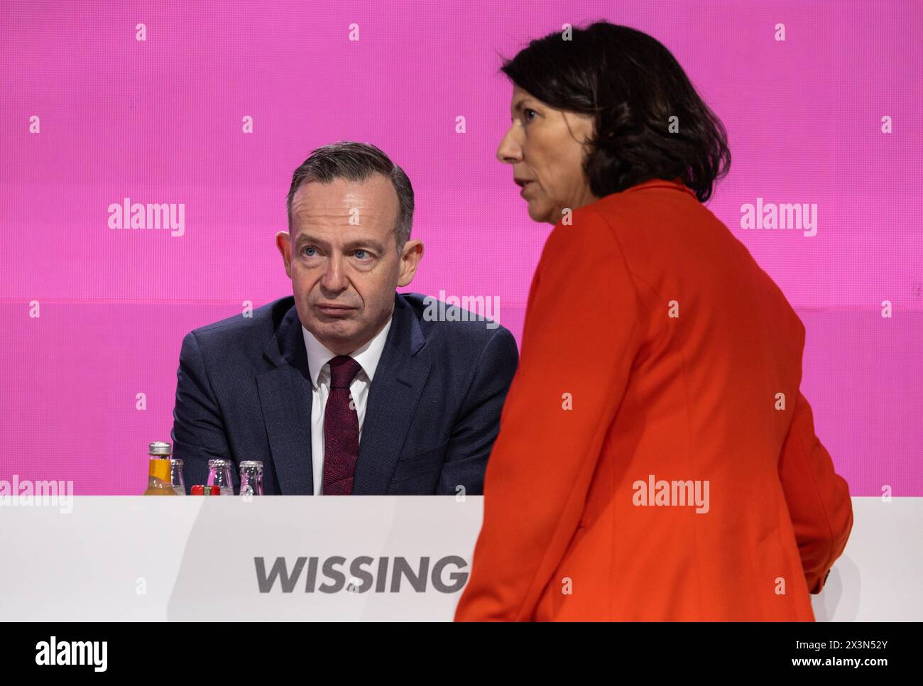 Berlin, Germany. 28th Apr, 2024. Volker Wissing (FDP), Federal Minister for Digital Affairs and Transport, and Daniela Schmitt, Minister for Economic Affairs, Transport, Agriculture and Viticulture of the state of Rhineland-Palatinate, take part in the FDP federal party conference in Berlin. Credit: Hannes P. Albert/dpa/Alamy Live News Stock Photo