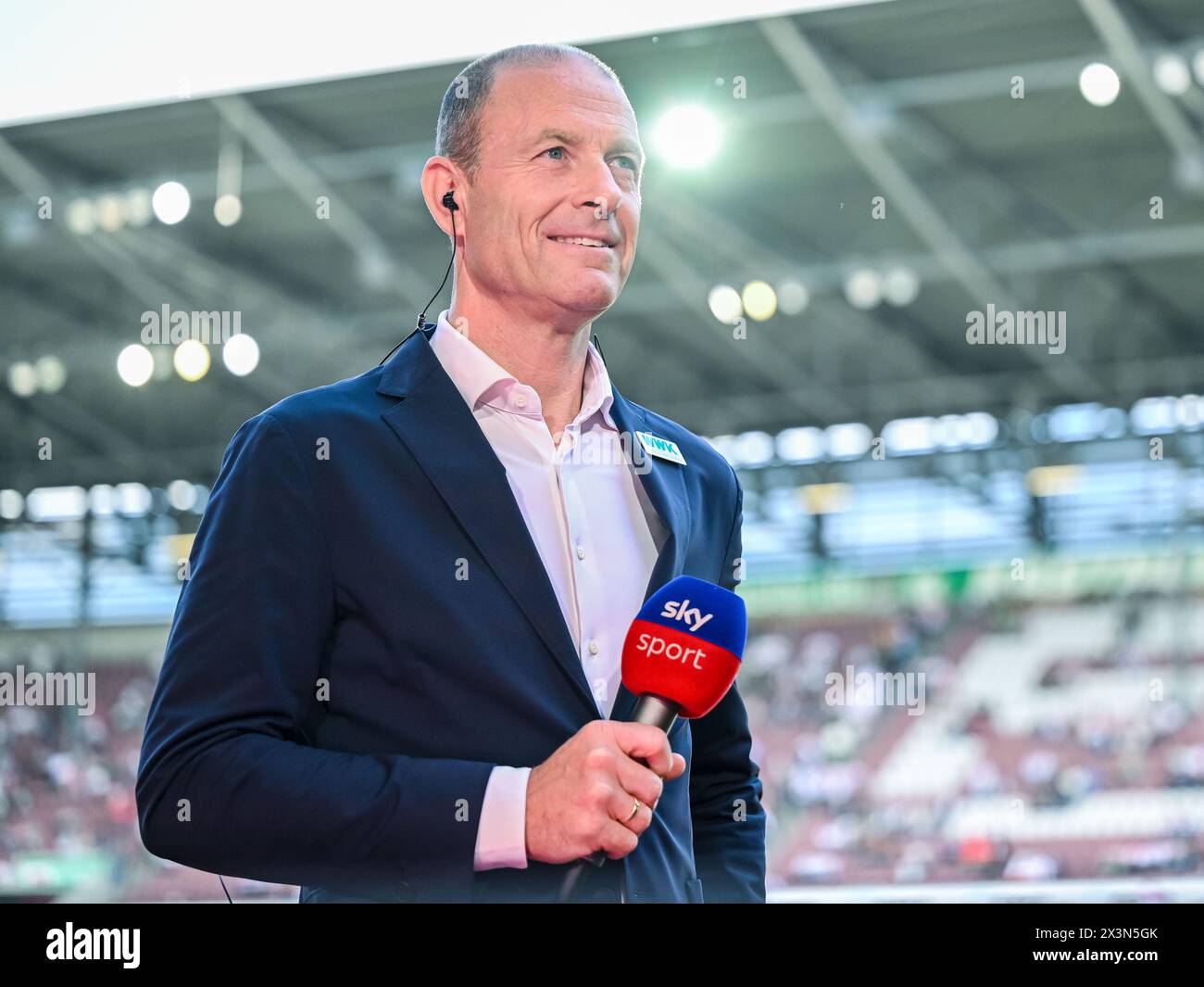 Augsburg, Germany. 27th Apr, 2024. Soccer: Bundesliga, FC Augsburg - Werder Bremen, Matchday 31, WWK-Arena. Augsburg coach Jess Thorup in a sky interview. Credit: Harry Langer/dpa - IMPORTANT NOTE: In accordance with the regulations of the DFL German Football League and the DFB German Football Association, it is prohibited to utilize or have utilized photographs taken in the stadium and/or of the match in the form of sequential images and/or video-like photo series./dpa/Alamy Live News Stock Photo