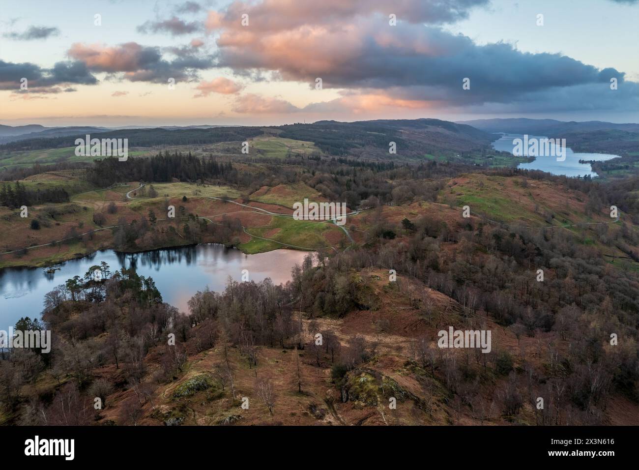 Stunning aerial drone landscape image of Lake District during Spring vibrant sunset Stock Photo