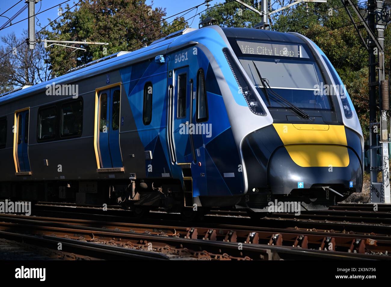 Close up view of the front of a new High Capacity Metro Train, or HCMT, bound for Melbourne's CBD, travelling via the city loop Stock Photo