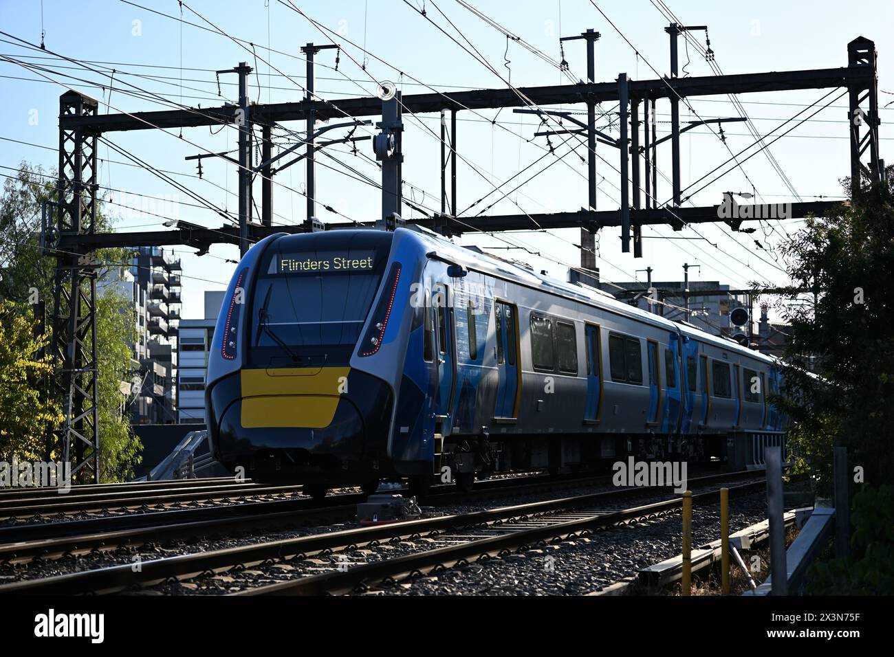 Rear view of a High Capacity Metro Train, or HCMT, heading to Flinders ...