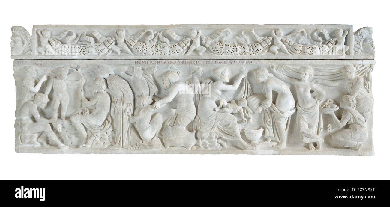 Sarcophagus depicts the education of Dionysus/Bacchus. Rome Stock Photo ...