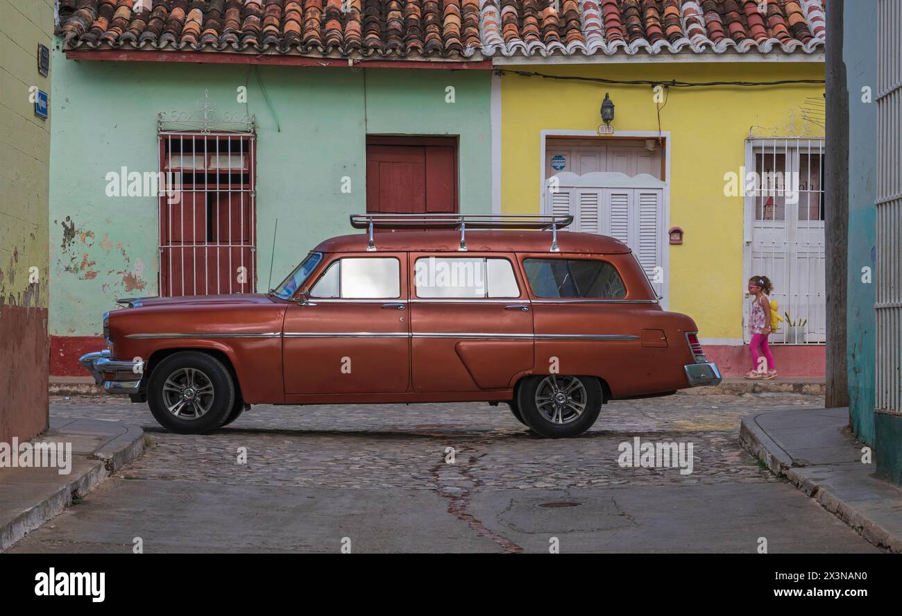 Restored, vintage Classic American Car on the streets of Trinidad, Cuba. Stock Photo