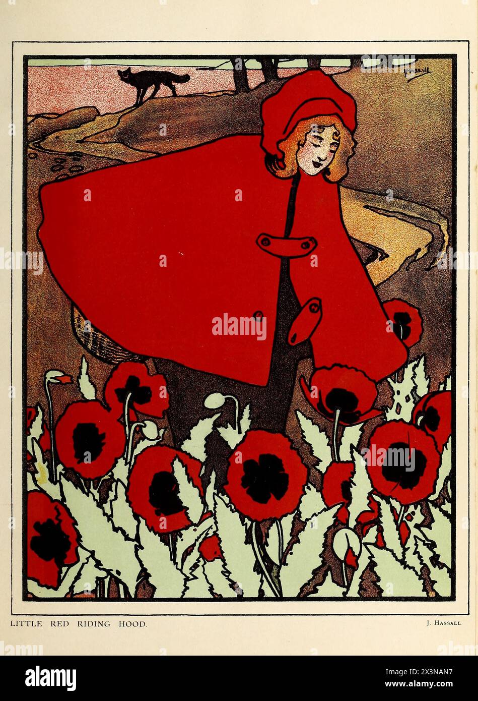 Vintage Illustration by John Hassall:  Little Red Riding Hood.  artwork depicts a young woman in a bright red cape with a basket in field of large poppies. On a path behind her a wolf is seen. circa 1890s-1900s Stock Photo