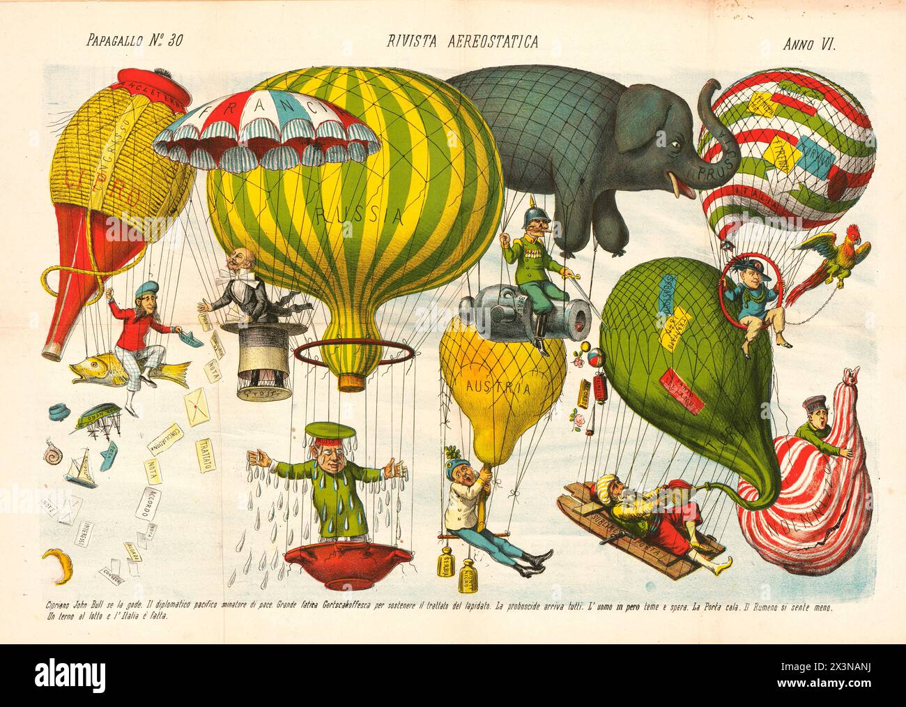 Aerostatic magazine (1878) Rivista aerostatica by Augusto Grossi, depicting various cartoonish hot air balloons with country names:  Italian political cartoon shows the aftermath of the Congress of Berlin and the Treaty of Berlin Stock Photo
