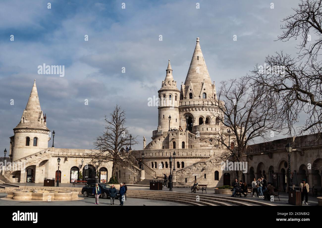 Fisherman's Bastion in Budapest (hungarian: Halszbstya), structure with seven towers representing the Magyar tribes, a Neo-Romanesque gemstone Stock Photo