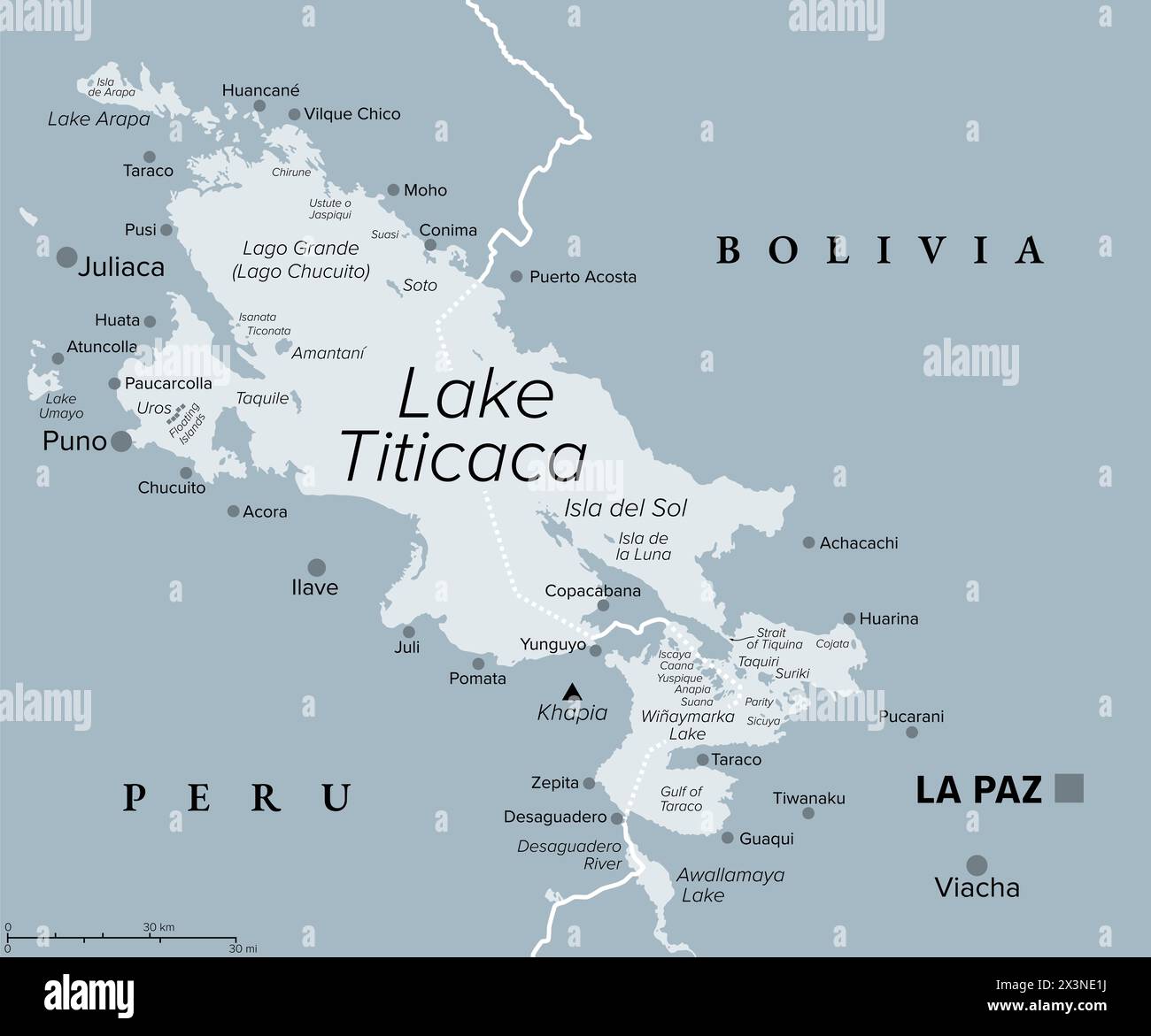 Lake Titicaca, gray political map. Large freshwater lake in the Andes mountains on the border of Bolivia and Peru. Stock Photo
