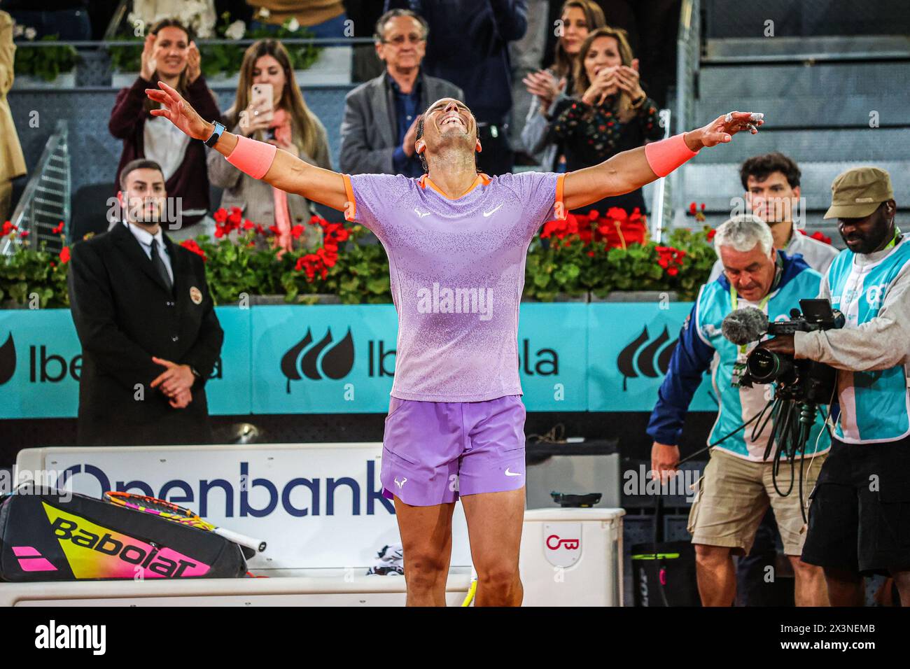 Usera, Spain. 27th Apr, 2024. Rafael Nadal of Spain playing against Alex de Minaur of Australia on Day Six of the Mutua Madrid Open 2024 tournament at La Caja Magica. Credit: SOPA Images Limited/Alamy Live News Stock Photo