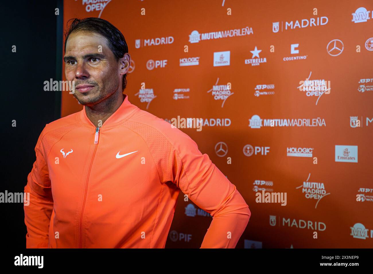 Usera, Spain. 27th Apr, 2024. Rafael Nadal of Spain seen after his match against Alex de Minaur of Australia on Day Six of the Mutua Madrid Open 2024 tournament at La Caja Magica. Credit: SOPA Images Limited/Alamy Live News Stock Photo