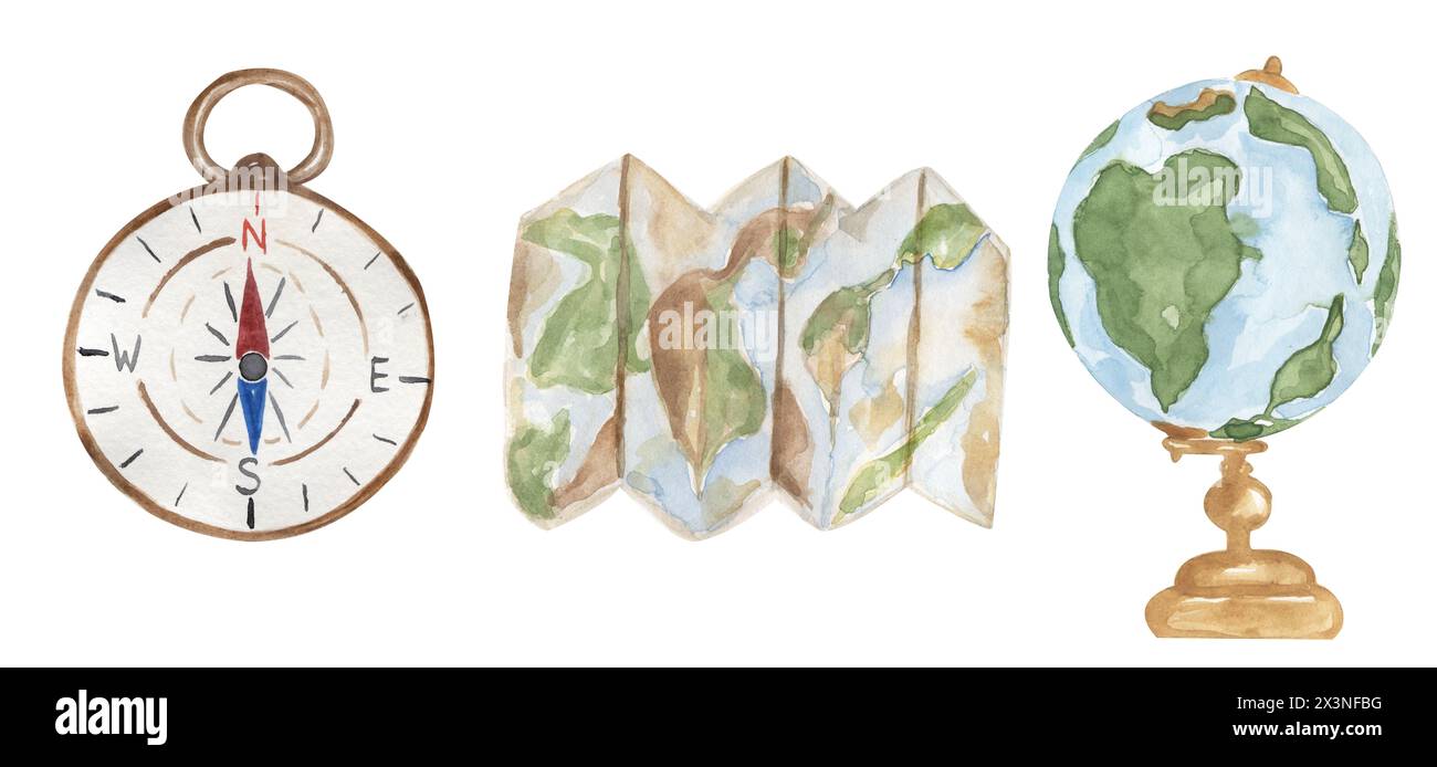 Watercolor compass, map and earth globe illustration set, travel elements clipart Stock Photo