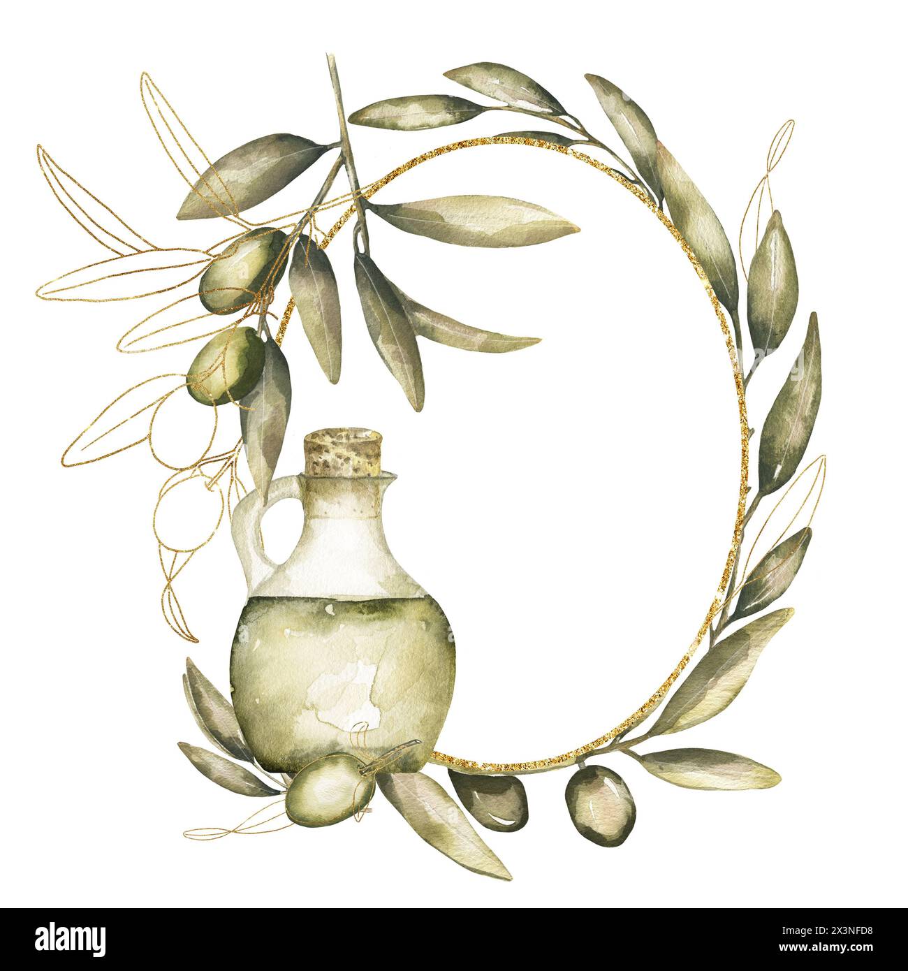 Watercolor olive wreath with green olives oil bottle wreath clipart ...