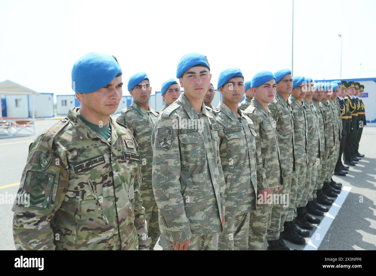 Goranboy, Azerbaijan. 27th Apr, 2024. Azerbaijan service members attend a ceremony closing the Turkish-Russian Joint Monitoring Centre in the course of peacekeeping troops' withdrawal from the territory of Karabakh region and areas nearby, in Aghdam District on April 26, 2024. Credit: SOPA Images Limited/Alamy Live News Stock Photo