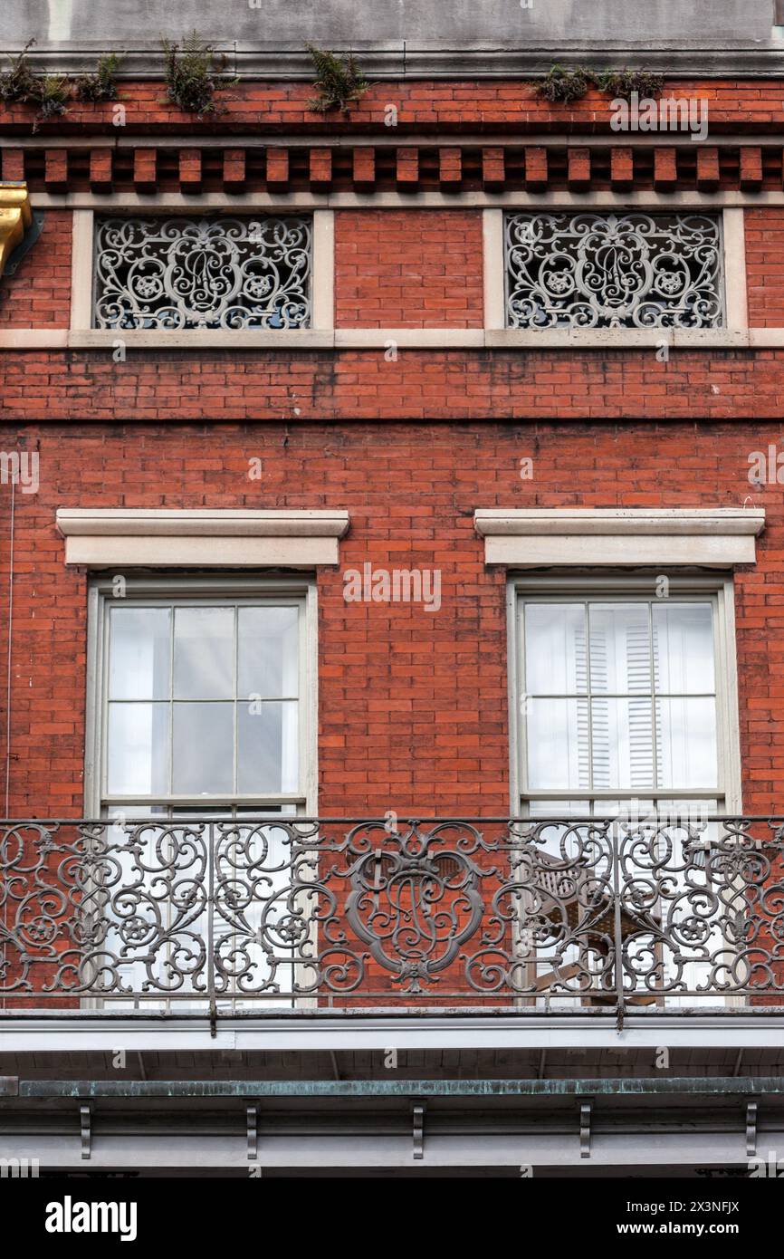 New Orleans, Louisiana.  French Quarter.  Emblem of the Baroness Pontalba in Cast-iron Grillwork of the Lower Pontalba Building, Built 1851. Stock Photo