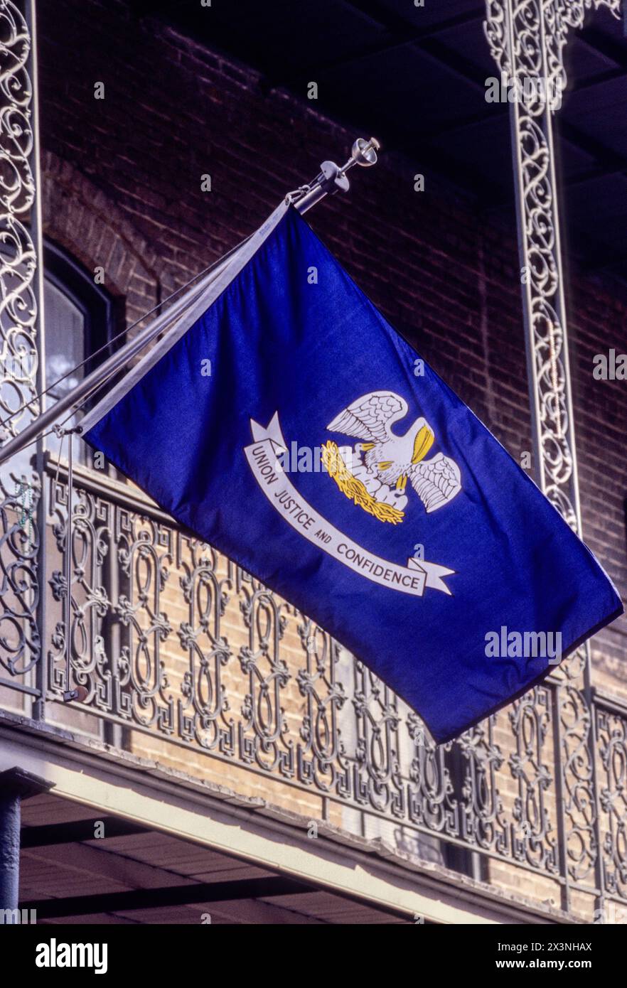 French Quarter, New Orleans, Louisiana.  Louisiana State Flag. Stock Photo