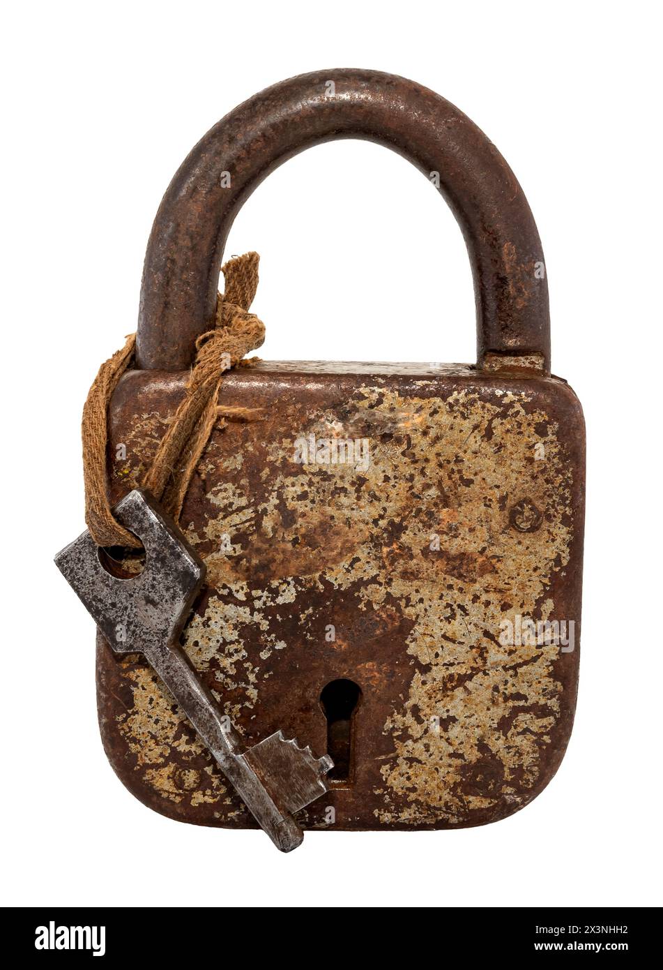 Padlock old padlock with a key on a white background. Isolate of a ...