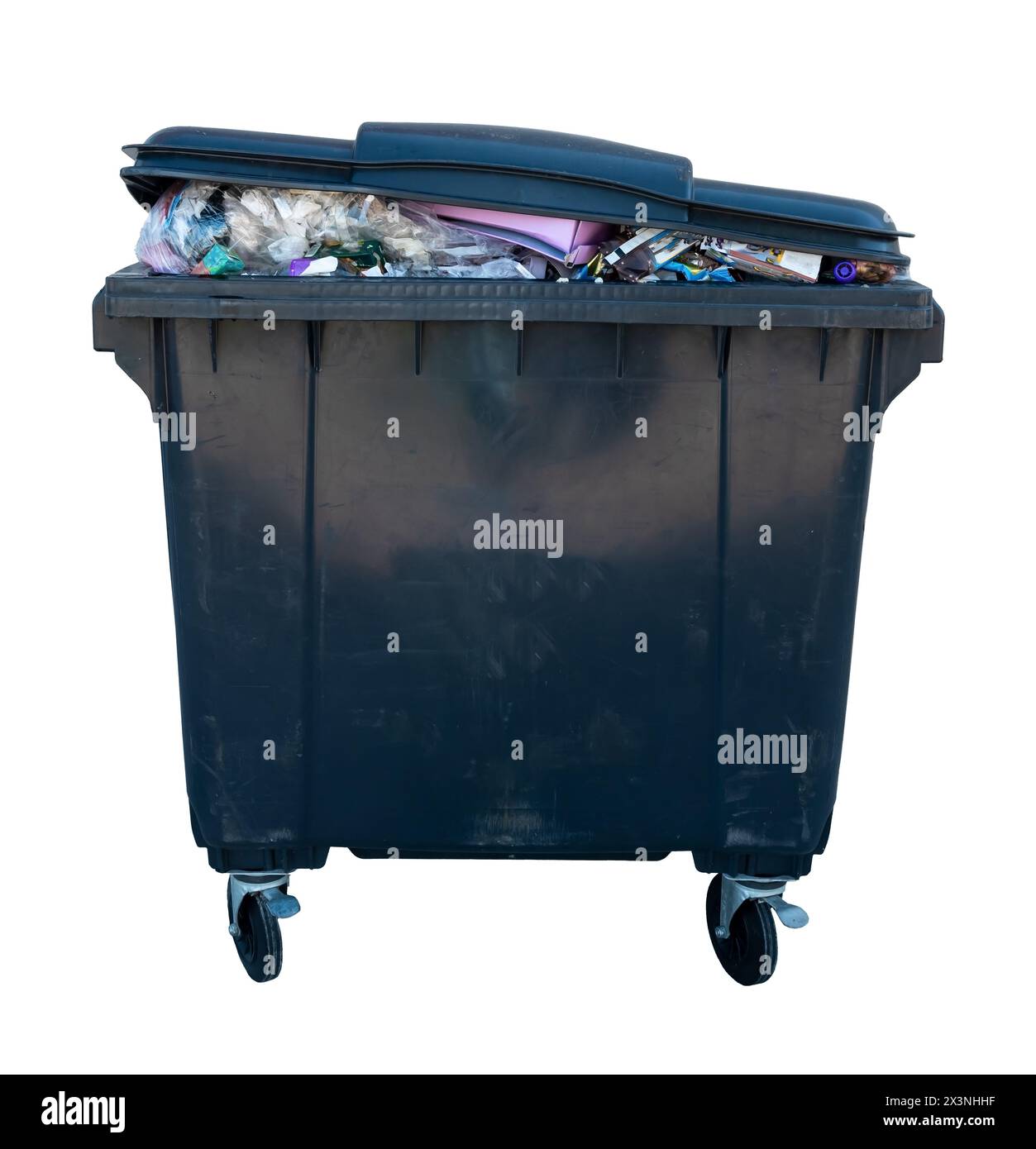 Plastic container with garbage on a white background. Isolate the trash can. Waste. Ecology Stock Photo