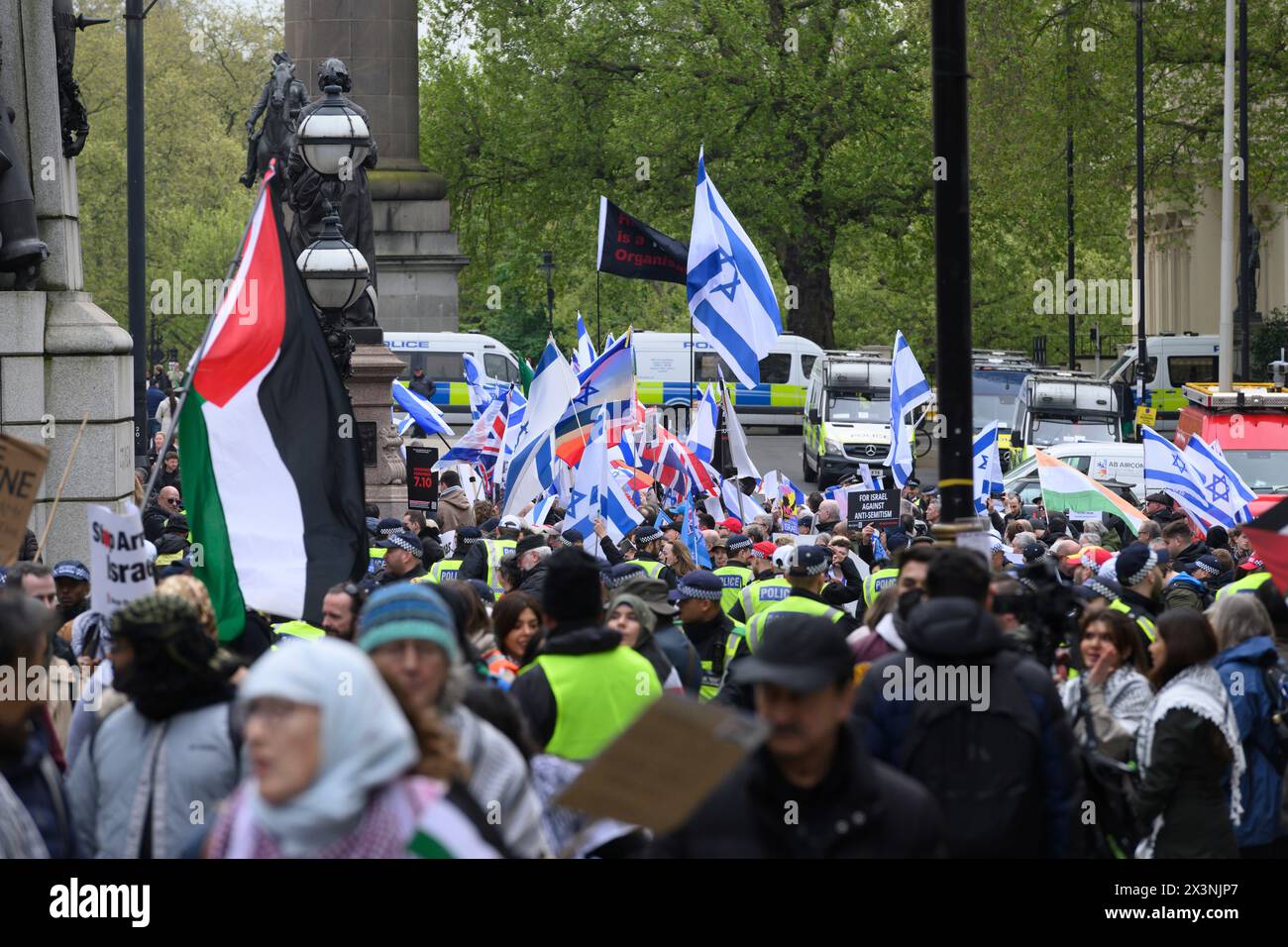 A Pro-Palestine march passing a Pro-Israel counter-protest. The Pro