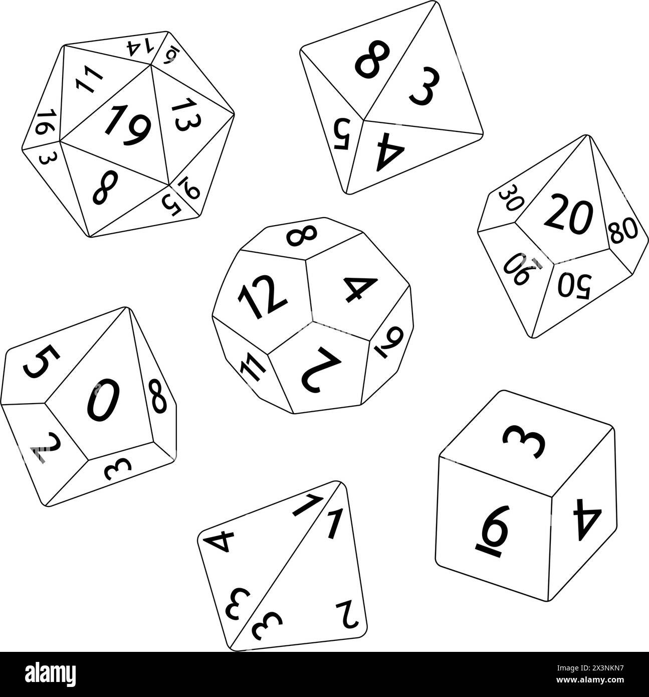 D8 D10 D12 D20 Dice for Board games. Collection of polyhedral dices