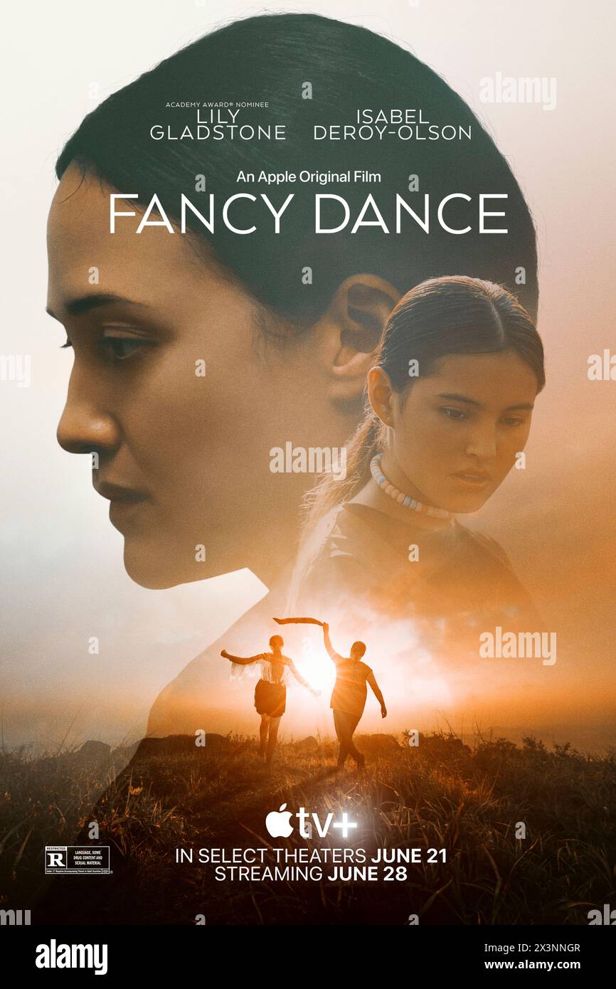 Fancy Dance (2023) directed by Erica Tremblay and starring Isabel Deroy-Olson and Lily Gladstone. Following her sister's disappearance, a Native American hustler kidnaps her niece from the child's white grandparents and sets out for the state powwow in hopes of keeping what is left of their family intact. Publicity poster ***EDITORIAL USE ONLY***. Credit: BFA / Apple TV+ Stock Photo