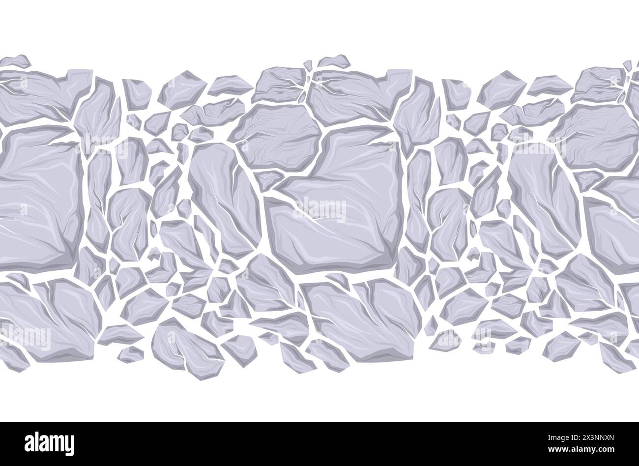 Horizontal vector seamless border with broken white stones isolated from background. Texture frame with smashed marble rocks with cracks for frames an Stock Vector