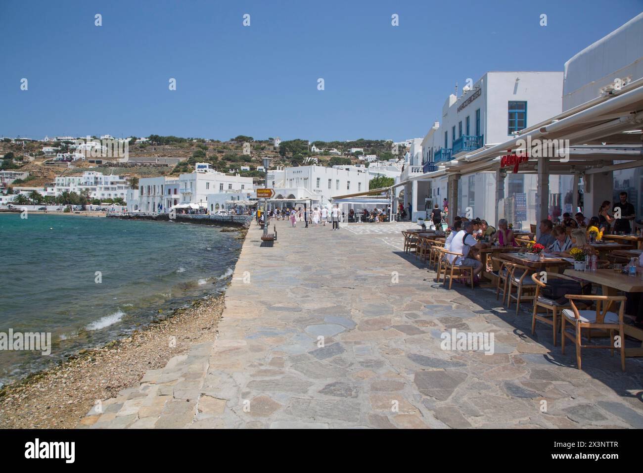 Waterfront, Mykonos Harbor, Mykonos Island, Cyclades Group, Greece Stock Photo