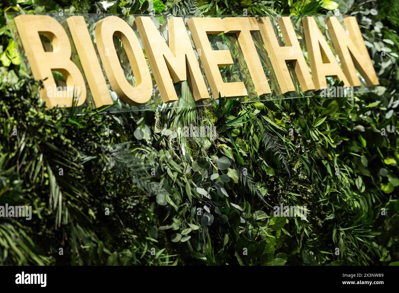 Berlin, Germany. 28th Apr, 2024. 'Biomethane' is written on a green wall at the FDP federal party conference in Berlin. Credit: Hannes P. Albert/dpa/Alamy Live News Stock Photo