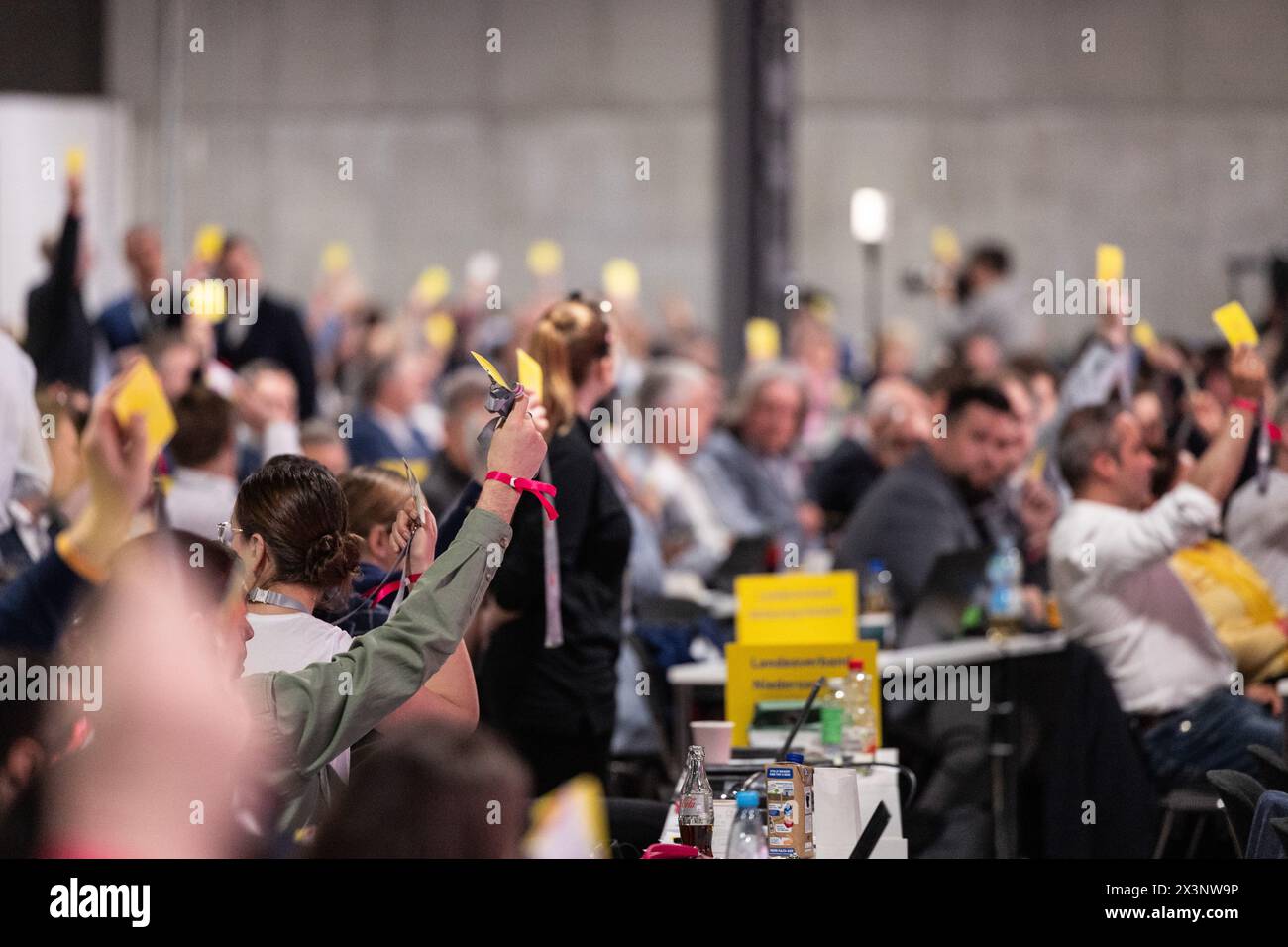Berlin, Germany. 28th Apr, 2024. Participants hold up voting cards at the FDP federal party conference in Berlin. Credit: Hannes P. Albert/dpa/Alamy Live News Stock Photo