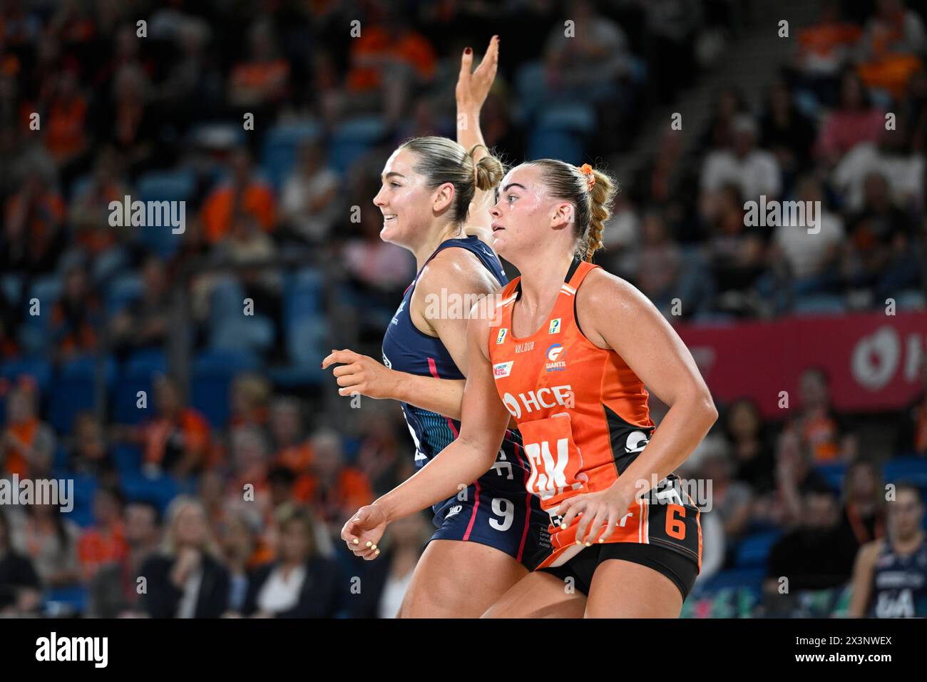 28th April 2024;  Ken Rosewall Arena, Sydney, NSW, Australia: Suncorp Super Netball , Giants Netball versus Melbourne Vixens; Sophie Garbin of the Melbourne Vixens calls for the ball as Matilda McDonell of the Giants covers play Stock Photo