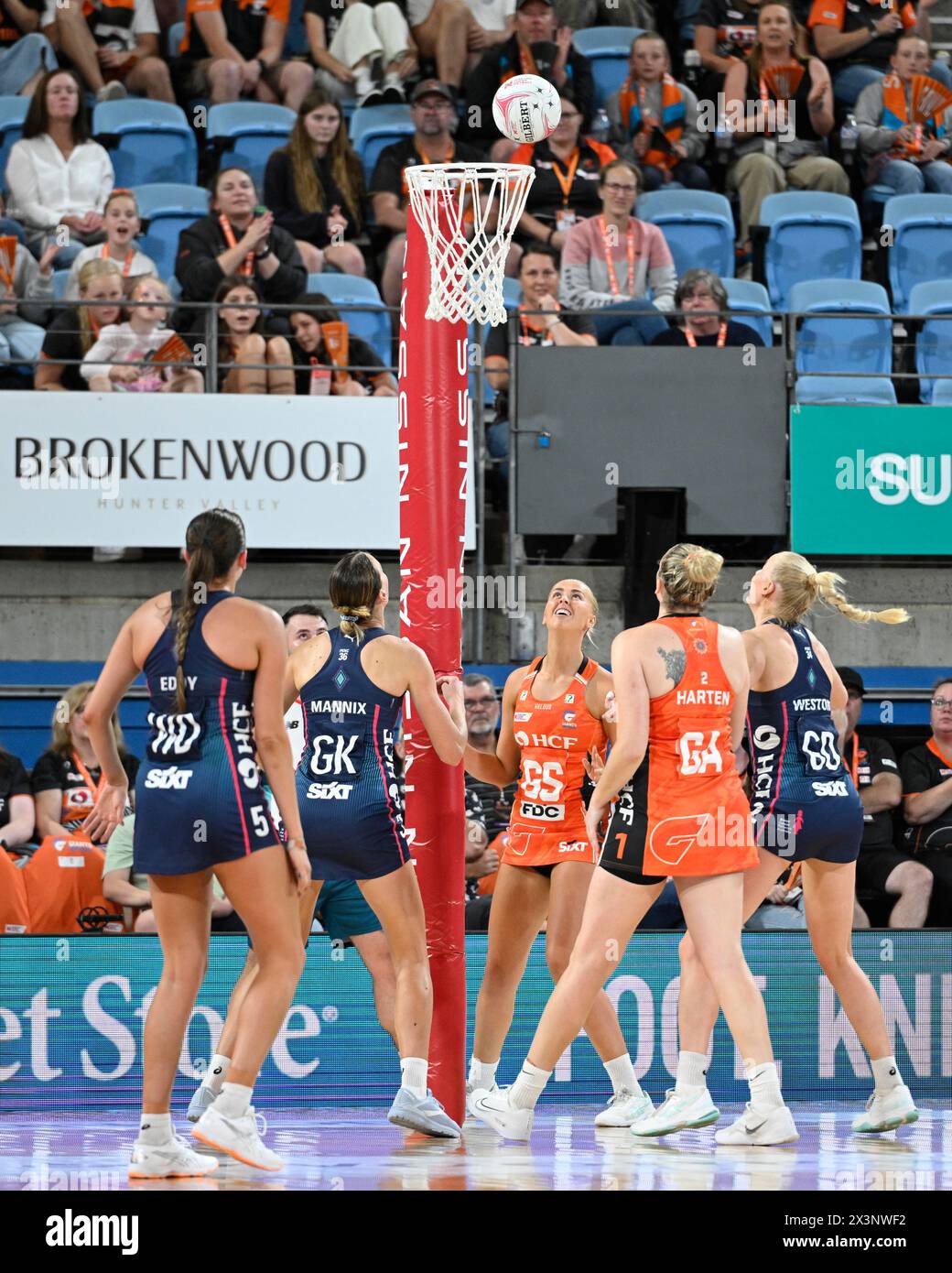 28th April 2024;  Ken Rosewall Arena, Sydney, NSW, Australia: Suncorp Super Netball , Giants Netball versus Melbourne Vixens; Matisse Letherbarrow of the Giants watches her shot at goal go into the net Stock Photo