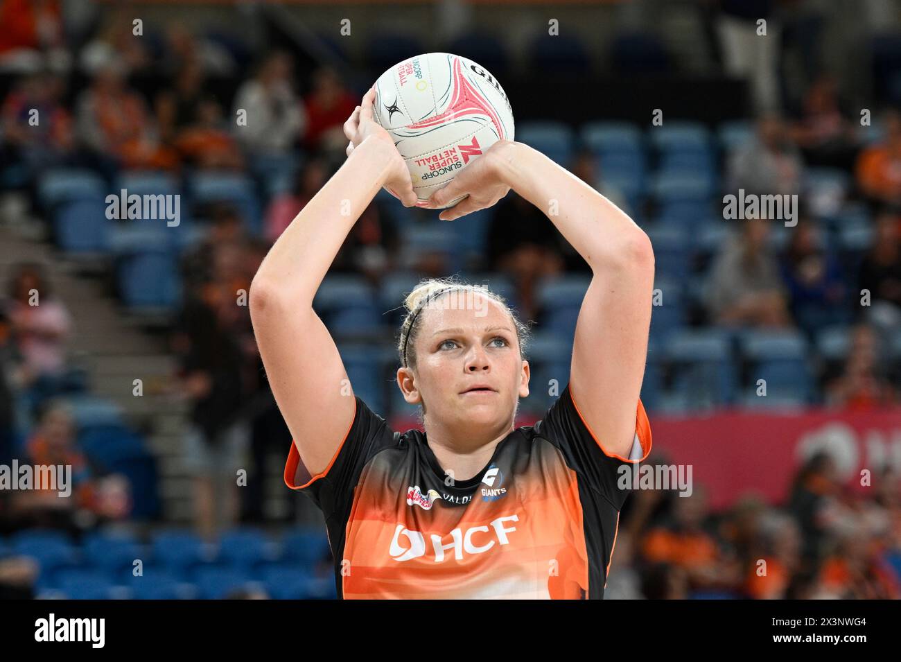 28th April 2024;  Ken Rosewall Arena, Sydney, NSW, Australia: Suncorp Super Netball , Giants Netball versus Melbourne Vixens; Jo Harten of the Giants during the warm up Stock Photo