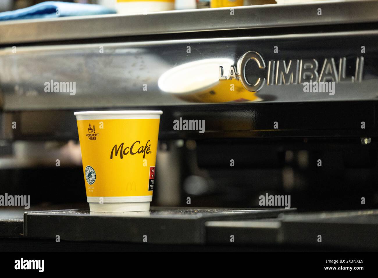 Berlin, Germany. 28th Apr, 2024. A McCafe cup stands at a stand at the FDP federal party conference in Berlin. Credit: Hannes P. Albert/dpa/Alamy Live News Stock Photo
