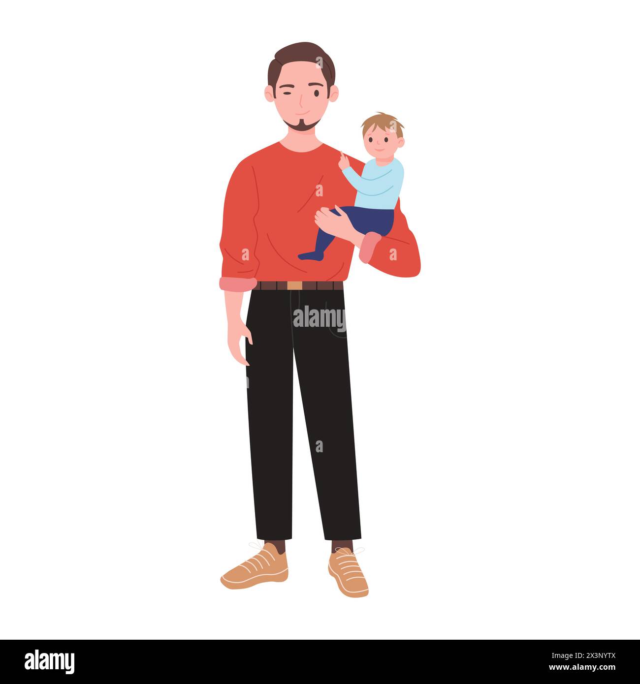 Young father holding baby child in arms, happy man winking vector