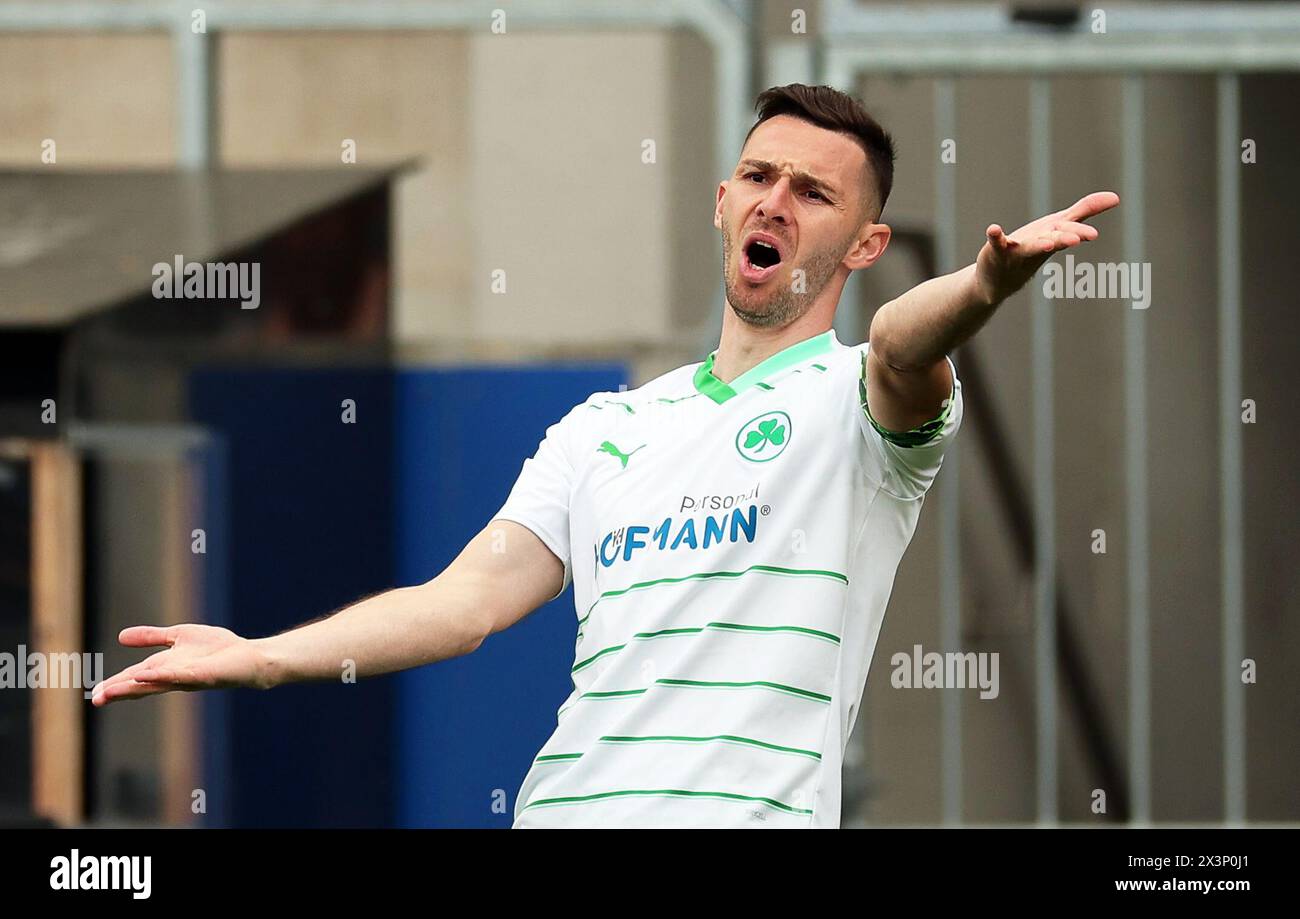 Wiesbaden, Germany. 28th Apr, 2024. Soccer: Bundesliga 2, SV Wehen Wiesbaden - SpVgg Greuther Fürth, Matchday 31, BRITA-Arena. Fürth's Branimir Hrgota reacts. Credit: Jörg Halisch/dpa - IMPORTANT NOTE: In accordance with the regulations of the DFL German Football League and the DFB German Football Association, it is prohibited to utilize or have utilized photographs taken in the stadium and/or of the match in the form of sequential images and/or video-like photo series./dpa/Alamy Live News Stock Photo