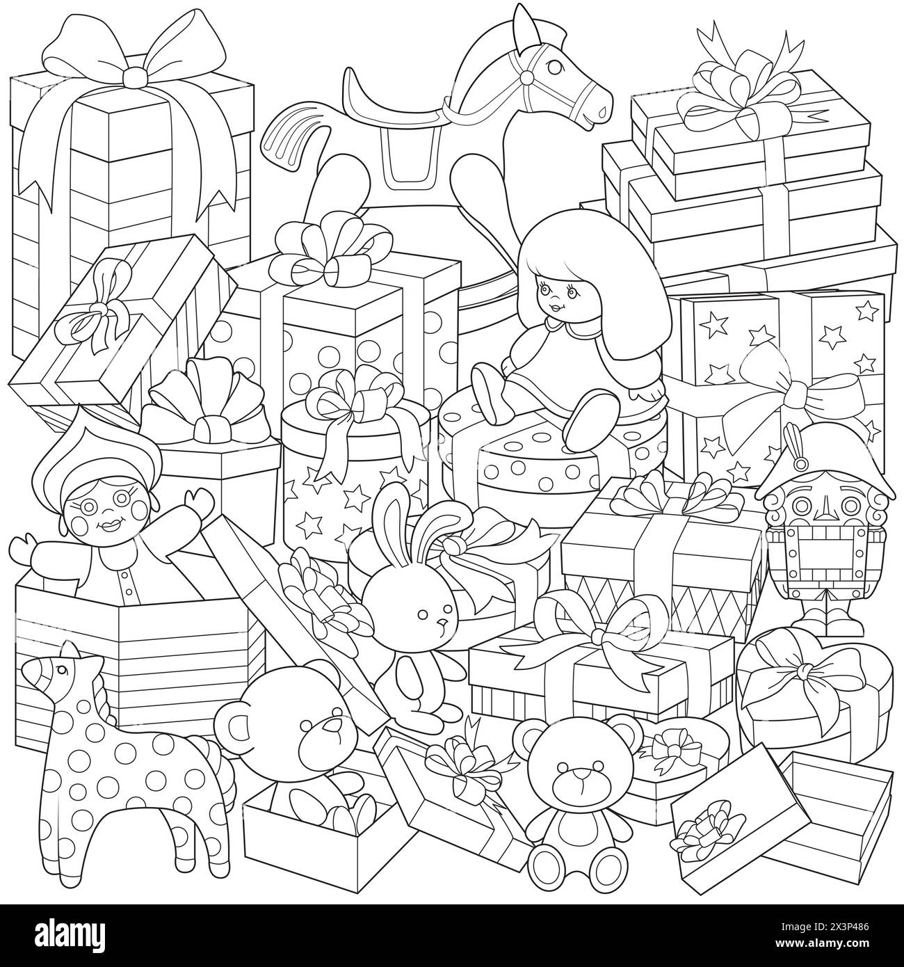 Gift boxes with toys. doll, horse. Teddy bear, nutcracker and bunny. gifts for children Coloring page for kids and adults. Kids toy box. Vector illustration Stock Vector