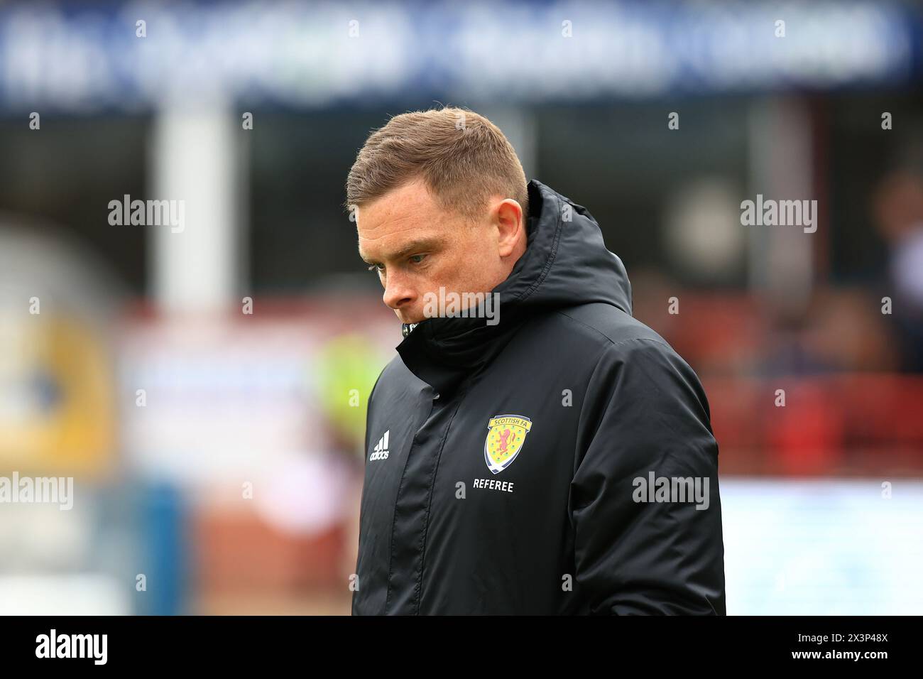Dens Park, Dundee, UK. 28th Apr, 2024. Scottish Premiership Football, Dundee versus Celtic; Referee John Beaton inspects the pitch before the match Credit: Action Plus Sports/Alamy Live News Stock Photo