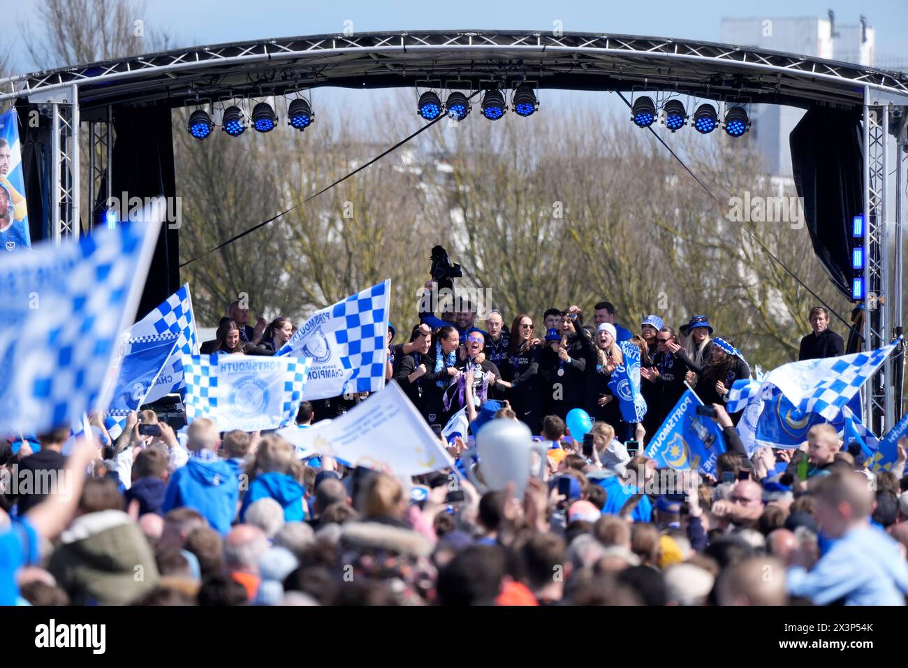 Portsmouth Women’s celebrate on stage during a celebration event at Southsea Common in Portsmouth to celebrate winning the Sky Bet League One title. Picture date: Sunday April 28, 2024. Stock Photo