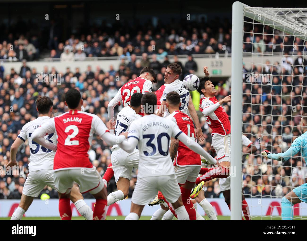 Tottenham Hotspur Stadium, London, UK. 28th Apr, 2024. Premier League Football, Tottenham Hotspur versus Arsenal; Kai Havertz of Arsenal heads the ball to score his sides 3rd goal in the 38th minute to make it 0-3 Credit: Action Plus Sports/Alamy Live News Stock Photo